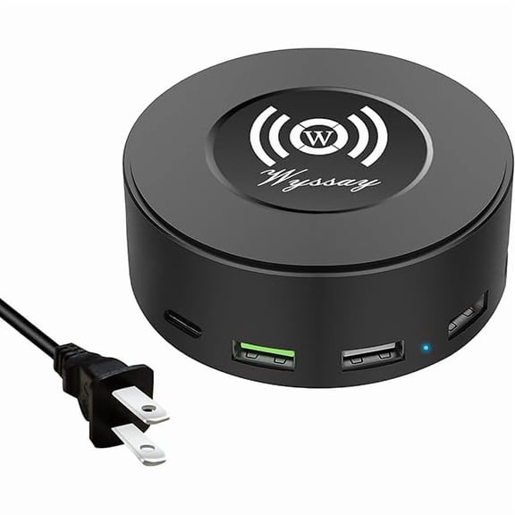 FU199975W 6-Port Desktop Charging Station With Wireless Charger - Type-C, Quick Charge 3.0, 4 USB Ports - Multi Charger Hub for Smartphones and More (Black)