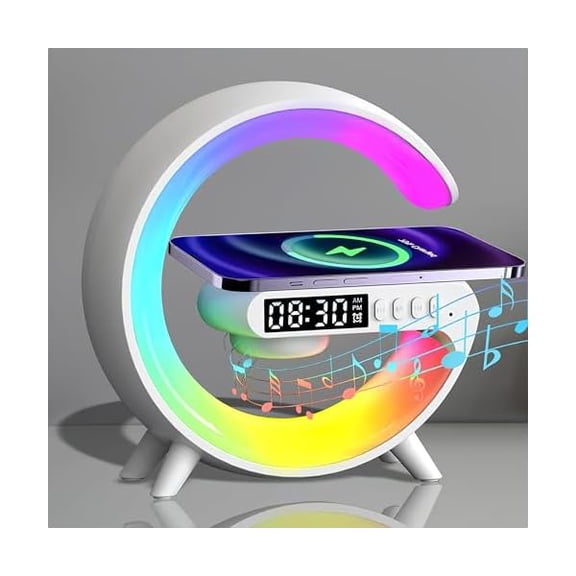 FU1999LED Table Lamp with Wireless Charger, Mini G Atmosphere Lamp with Bluetooth Speaker, Night Light Lamp Sunrise Alarm Clock, Smart Light Sound Machine for BedroomMini Size