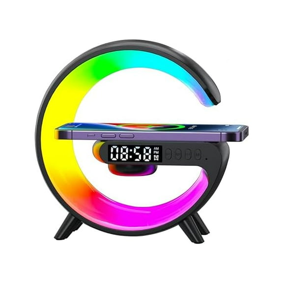 FU1999LED Table Lamp with Wireless Charger, Mini G Atmosphere Lamp with Bluetooth Speaker, Night Light Lamp Sunrise Alarm Clock, Smart Light Sound Machine, Christmas Gift for kids【Mini Size Black】