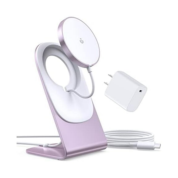 FU1999Magnetic Wireless Charger, Mag Charger with Aluminum Charging Pad Stand Compatible with iPhone 16/15/14/13/12 Series,20W PD Charger&5ft Cable Included, Pink(Upgraded)