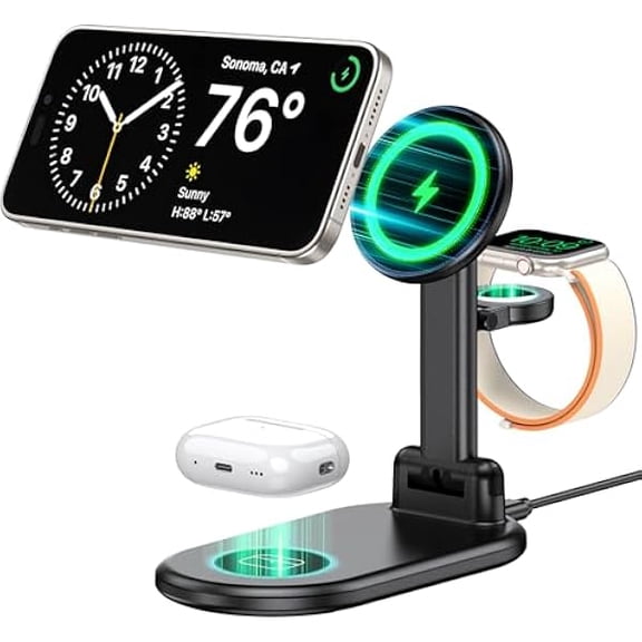 FU1999Magnetic Wireless Charger Mag-Safe 3 in 1 Charging Station,15W Max Foldable Wireless Charging Stand for iPhone 16/15/14/13/12, Fast Travel Charger for Multiple Devices iWatch Airpods (Black)