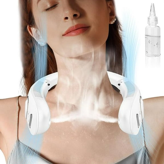 FU1999Neck Fan with Mist Spray, Portable Neck Fans that Blow Cold Air,Folding Bladeless Personal Fan Mister, 5 Speeds USB-C Rechargeable Battery Operated Cooling Mising Fan for Women Men Kids White