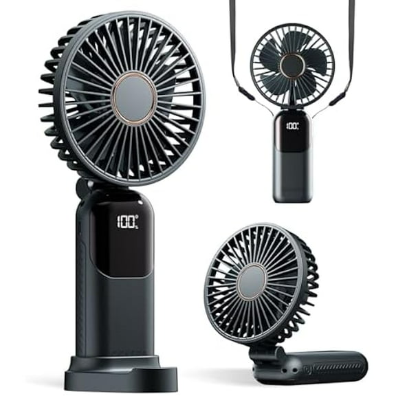 FU1999Portable Fan, 4200mAh Battery Operated Fan, 5 Speeds&Digital Display, Makeup Fans for Women with Base, 180Foldable 3in1 Handheld/Neck/Desk Fan for Outdoor Indoor,Ultra Quiet (Black)