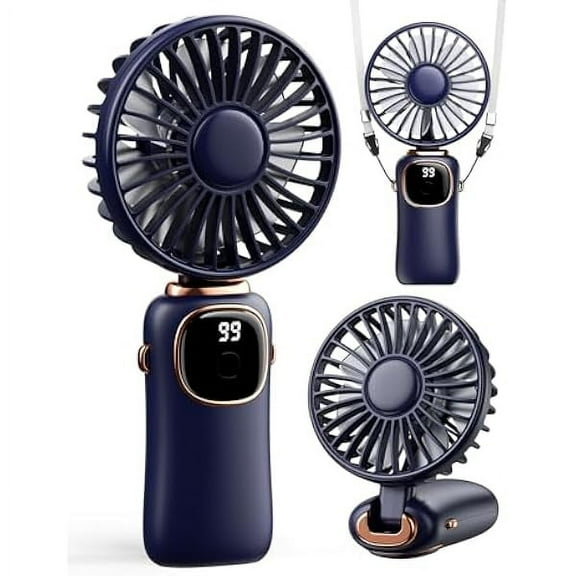FU1999Portable Handheld Fan, 4000mAh Battery Operated Fan with LED Display, Handheld/Neck/Desk 3 in 1 Personal Small Fans, 90 Foldable Desk Fan with Base, 5 Speed Makeup Lash Fan for Women Blue