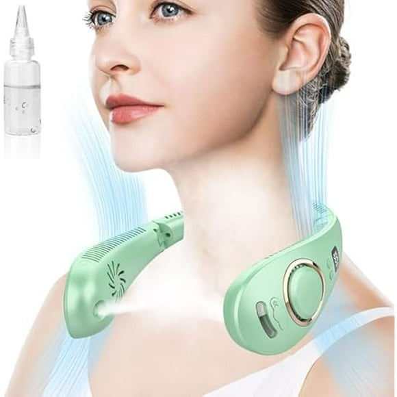 FU1999Portable Neck Fan Rechargeable,Foldaway Personal Fan Neck with Mister,Hands Free Bladeless Fans 4 Speeds Adjustment,Dual Air Vents,LED Display,Cordless Misting Fan with Water Spray for Travel