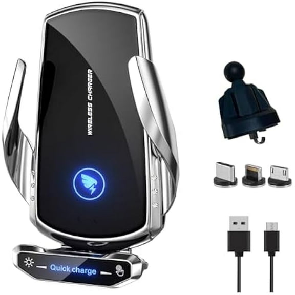 FU1999Wireless Car Charger Car Phone Holder Mount Wireless Charging 15W Fast Charging Auto Clamping Phone Mount for Car Wireless Charger fit for All Android Smartphone (Silver)