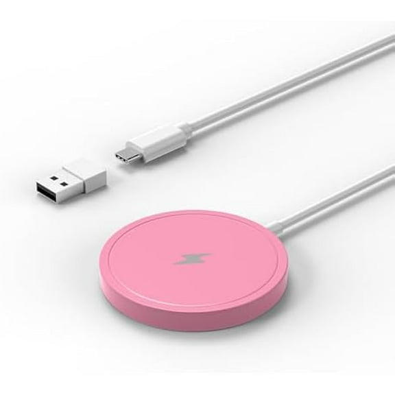 FU1999Wireless Charger, 15W Max Fast Magnetic Wireless Charging Pad Compatible with iPhone 16/15/14/13/12 with USB-A Converter Pink