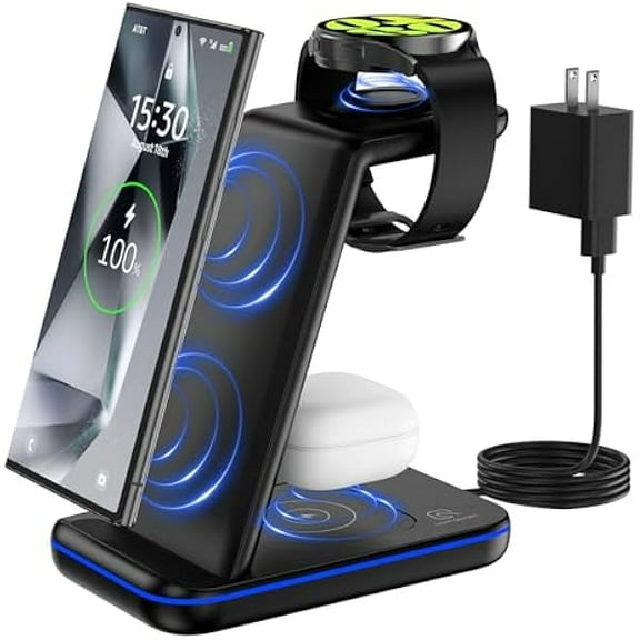 FU1999Wireless Charger 3 in 1, Fast Wireless Charging Station for Samsung, Compatible with Samsung Z Fold 4/Flip/S24/S23 Ultra/S22+/S21/S20/Note 20/10, for Galaxy Watch 6/5Pro/4/3/Airpods 3/Pro/2