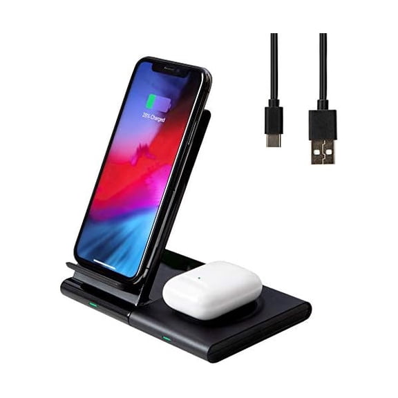 FU1999Wireless Charger, Fast Wireless Charging Stand, 2-in-1 Wireless Charging Station Dock for iPhone 14/13/12/11/Pro/Max/X/Xs/XR/AirPods2, Samsung Galaxy Note/Watch/Buds