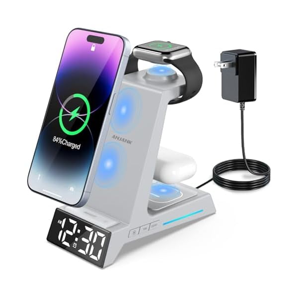 FU2064 Wireless Charger- 4 in 1 Alarm Clock Charging Station, Charging Dock for iPhone 16 15 14 13 12 11 Pro Max XR XS 8 Plus, for Apple Watch 9 8 7 6 5 4 3 2 SE, for AirPods, Not for Samsung Watch