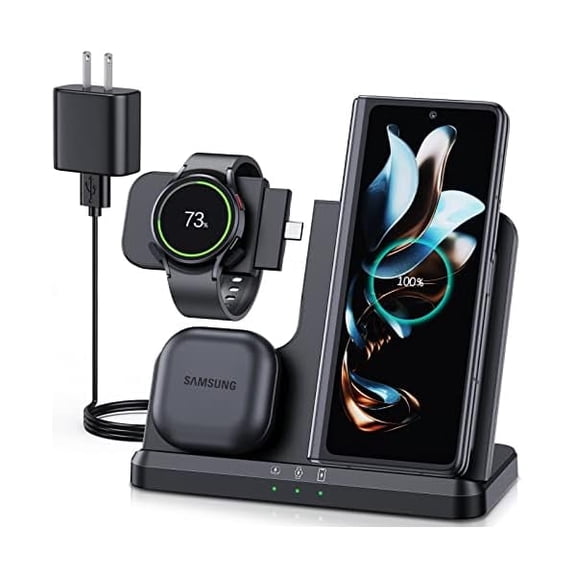 FU2105 Charging Station for Samsung Wireless Charger for Samsung S25 Ultra S24 S23 S22 S21 Plus Z Fold Flip 6/5/4/3, 3 in 1 Wireless Watch Charger for Galaxy Watch 7/6/5 Pro/4/3(Black)