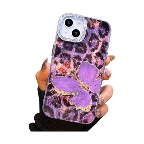 FU1999 Compact Case for iPhone 15 Plus Butterfly Design,3D Diamond Camera Lens Protection Frame,Cute Soft Slim TPU Shockproof Protective Phone Cases Cover for Women Leopard Print Lilac