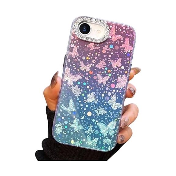 FU1999 Compact Case for iPhone 16e Butterfly Design,3D Diamond Camera Lens Protection Frame,Cute Soft Slim TPU Shockproof Protective Phone Cases Cover for Women Girls Gradient Pink-Cyan