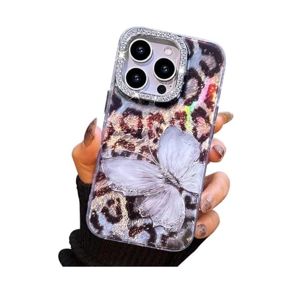 FU1999 Compact Case for iPhone 14 Pro Butterfly Design,3D Diamond Camera Lens Protection Frame,Cute Soft Slim TPU Shockproof Protective Phone Cases Cover for Women Leopard Print Grey