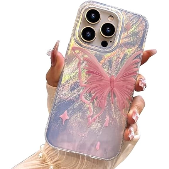 FU1999 Compact Case for iPhone 15 Pro Pale Pink Butterfly Design,Cute Trendy Soft Slim TPU Shockproof Protective Phone Cases Cover for Women Girls Aesthetic Glitter