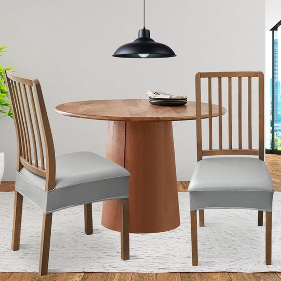 FUANGUI Dining Chair Covers Set of 6, Waterproof PU Leather Stretch Chair Seat Slipcovers Soft Removable Washable Chair Covers, Kitchen Chair Seat Covers Protectors Dining Room, PU-Grey
