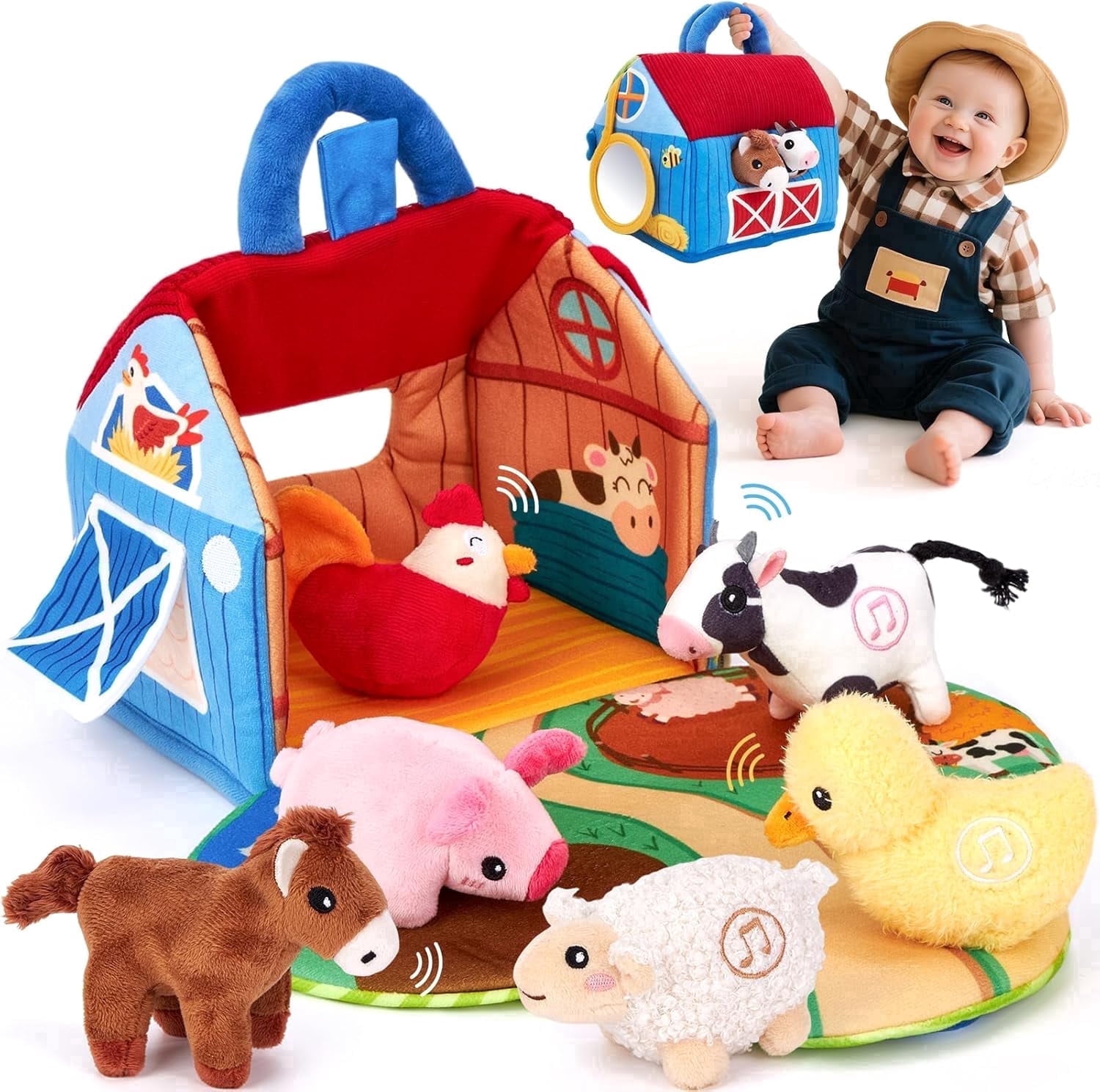 FUBARBAR Plush Farm Animal Barn Toy Set with Real Sounds, Sensory Montessori Toys for Babies & Toddlers 6-12 Months (5-Piece Set)