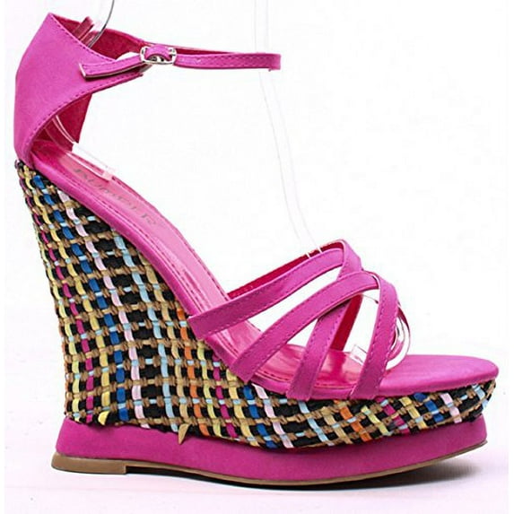 FUCHSIA FAUX LEATHER STRAPPY COLOR WOVEN PLATFORM WEDGE HEEL (6.5 B(M) US)