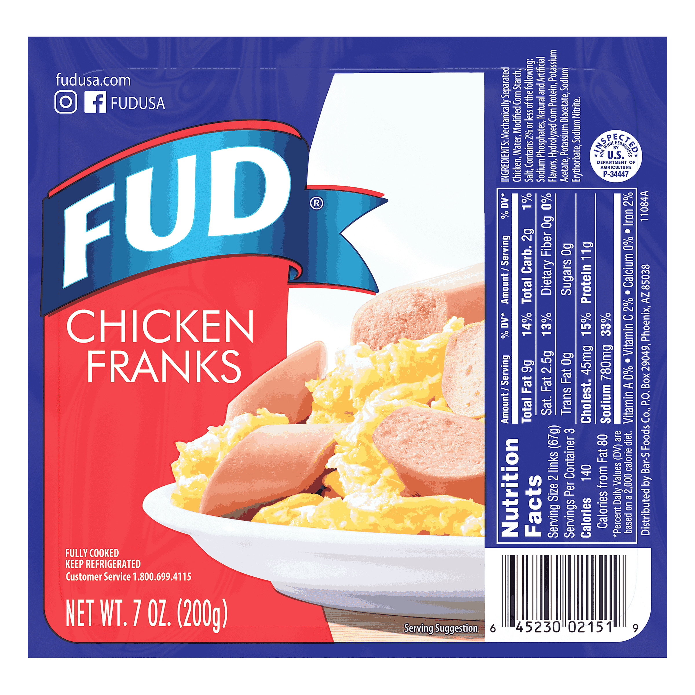 FUD Fully Cooked Chicken Franks, 7 oz, Refrigerated, Vacuum-Sealed Pack.