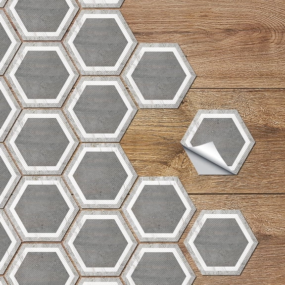 FUDAKUNA 10 Pcs Hexagonal Gray Tiles Stickers Wall Decals Waterproof Peel and Stick Backsplash Floor Sticker Non Slip Flooring Cover