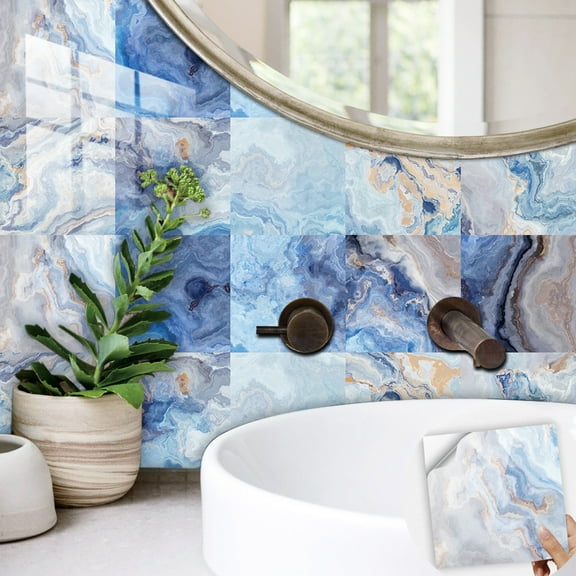 FUDAKUNA 10Pcs Blue Marbling Tile Wall Sticker Self-Adhesive Removable Waterproof Backsplash Tiles Decals 8"x8"