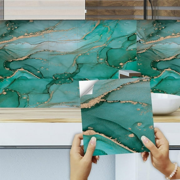 FUDAKUNA 10Sheet Green Gold Marbling Tile Wall Sticker 7.87"x7.87" Peel and Stick Kitchen Backsplash Vinyl Tiles