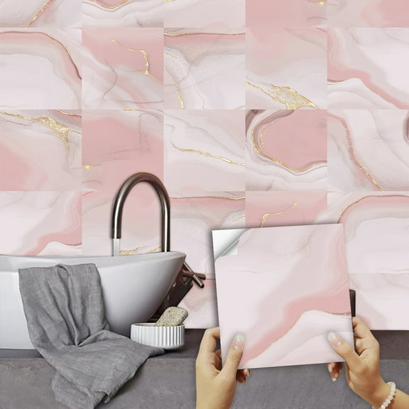 FUDAKUNA 10Sheet Waterproof Peel and Stick Tile Transfer Wall Sticker 5.91"x5.91" Pink Gold Vinyl Removable Tiles Backsplash