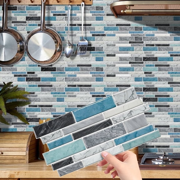 FUDAKUNA 12 Pcs Blue and Gray Marbling Tiles Stickers Wall Decals 9.68" x 4.72" Waterproof Peel and Stick Mosaic Brick Pattern Kitchen Backsplash