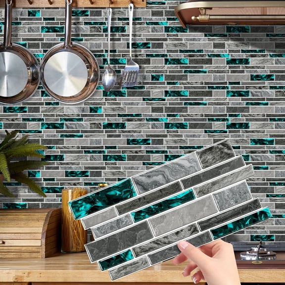 FUDAKUNA 12 Pcs Green and Gray Marbling Tiles Stickers Wall Decals 9.68" x 4.72" Waterproof Peel and Stick Kitchen Backsplash DIY Decor