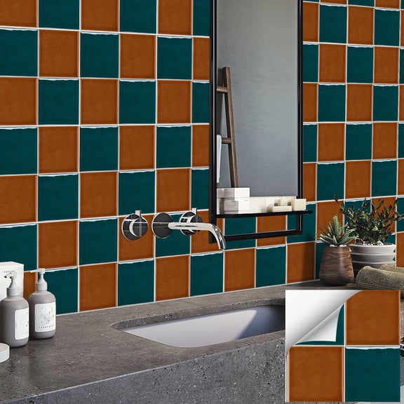 FUDAKUNA 12 Pcs Orange and Blue Tiles Stickers Wall Decals 5.91" x 5.91" Waterproof Peel and Stick Mosaic Pattern Backsplash for Kitchen
