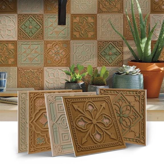 FUDAKUNA 12 Pcs Peel and Stick Wall Tiles Stickers Moroccan Style 5.91 x 5.91Inch, Self Adhesive Waterproof Kitchen Backsplash Decals Mural