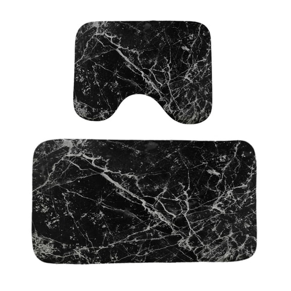 FUDAKUNA 2 Pcs Black Gray Marble Pattern Bath Rugs Set Contour Toilet Mat, Absorbent Non Slip Backing Bathroom Rug Machine Washable