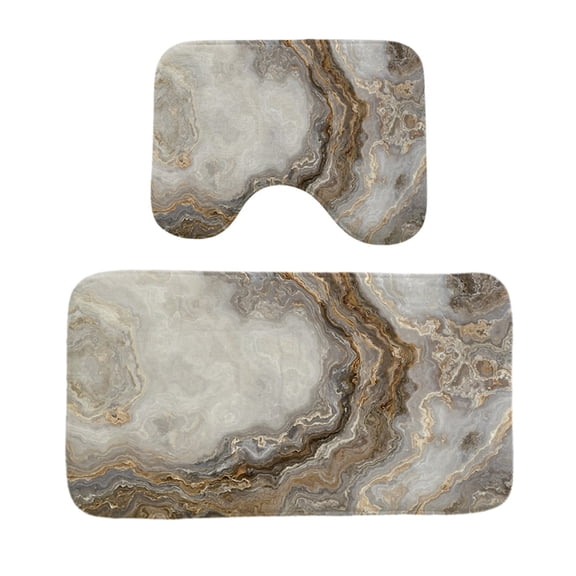 FUDAKUNA 2 Pcs Brown Gray Marble Pattern Bath Rugs Set Contour Toilet Mat, Absorbent Non Slip Backing Bathroom Rug Machine Washable