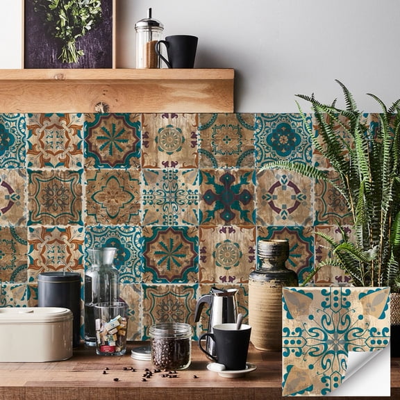 FUDAKUNA 24 Pcs Peel and Stick Tile Stickers Wall Decals 7.87x7.87 Inch Boho Mandala Pattern Waterproof Vinyl DIY Decor Tiles Backsplash for Kitchen Bathroom