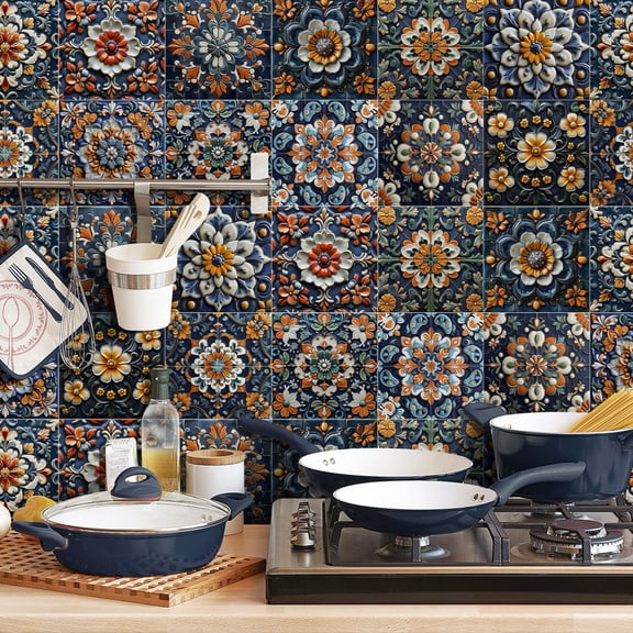 FUDAKUNA 30 Pcs Peel and Stick Tile Stickers 5.91x5.91 Inch, Boho Floral Mandala Floral Pattern, Waterproof PVC Kitchen Backsplash DIY Decals