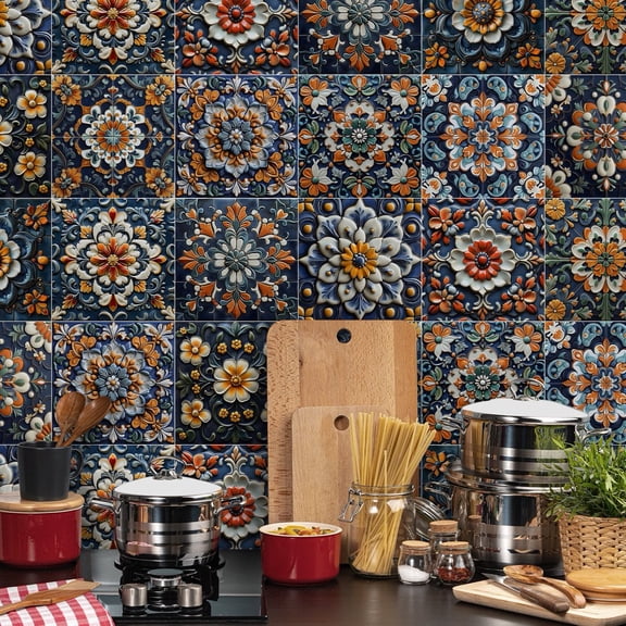FUDAKUNA 30 Piece Peel and Stick Tile Stickers 7.87x7.87 Inch, Boho Floral Mandala Floral Pattern, Waterproof PVC Kitchen Backsplash DIY Decals