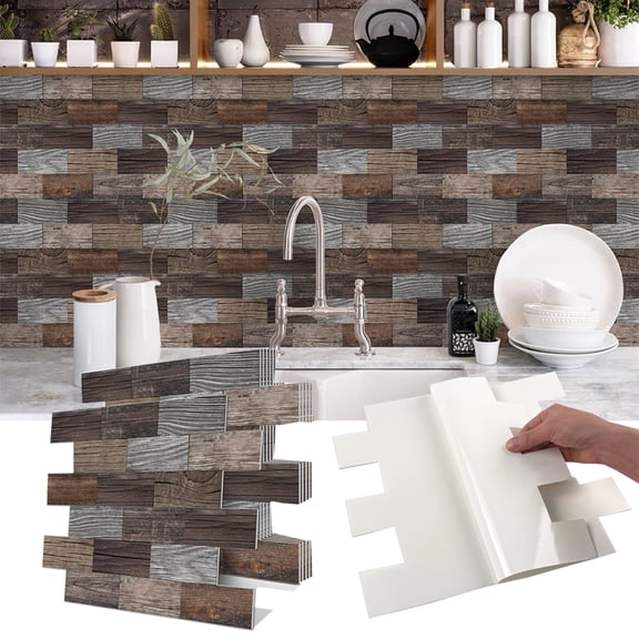 FUDAKUNA 5 Pcs Brown Gray Wood Grain PE Foam Matte Tiles Stickers Wall Decals 11.57" x 11.5" Waterproof Peel and Stick Backsplash
