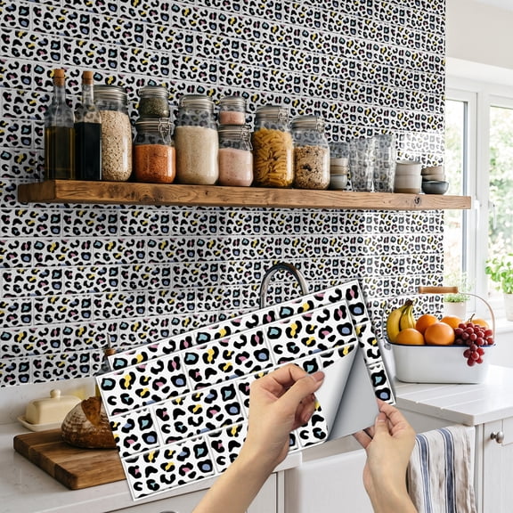 FUDAKUNA 6 Pcs Peel and Stick Tiles Stickers Wall Decals 5.91" x 11.81" Colorful Leopard Print Pattern Self-Adhesive Vinyl Waterproof Kitchen Backsplash