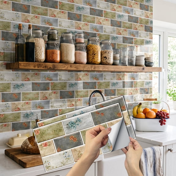 FUDAKUNA 6Pcs Peel and Stick Waterproof Tiles Stickers Wall Decals 11.81x5.91inch Flower and Brick Pattern Self Adhesive Backsplash Kitchen DIY Decor