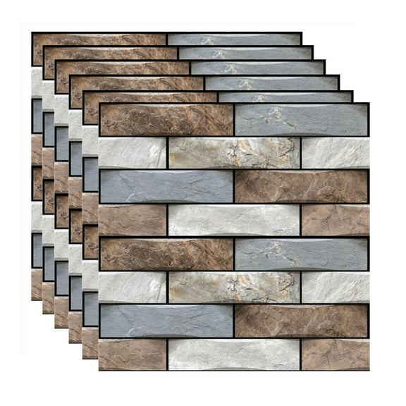 FUDAKUNA 6Pieces Self Adhesive Wall Stickers Tiles Peel and Stick Backsplash 12"x12" Waterproof PVC Brown Gray Brick