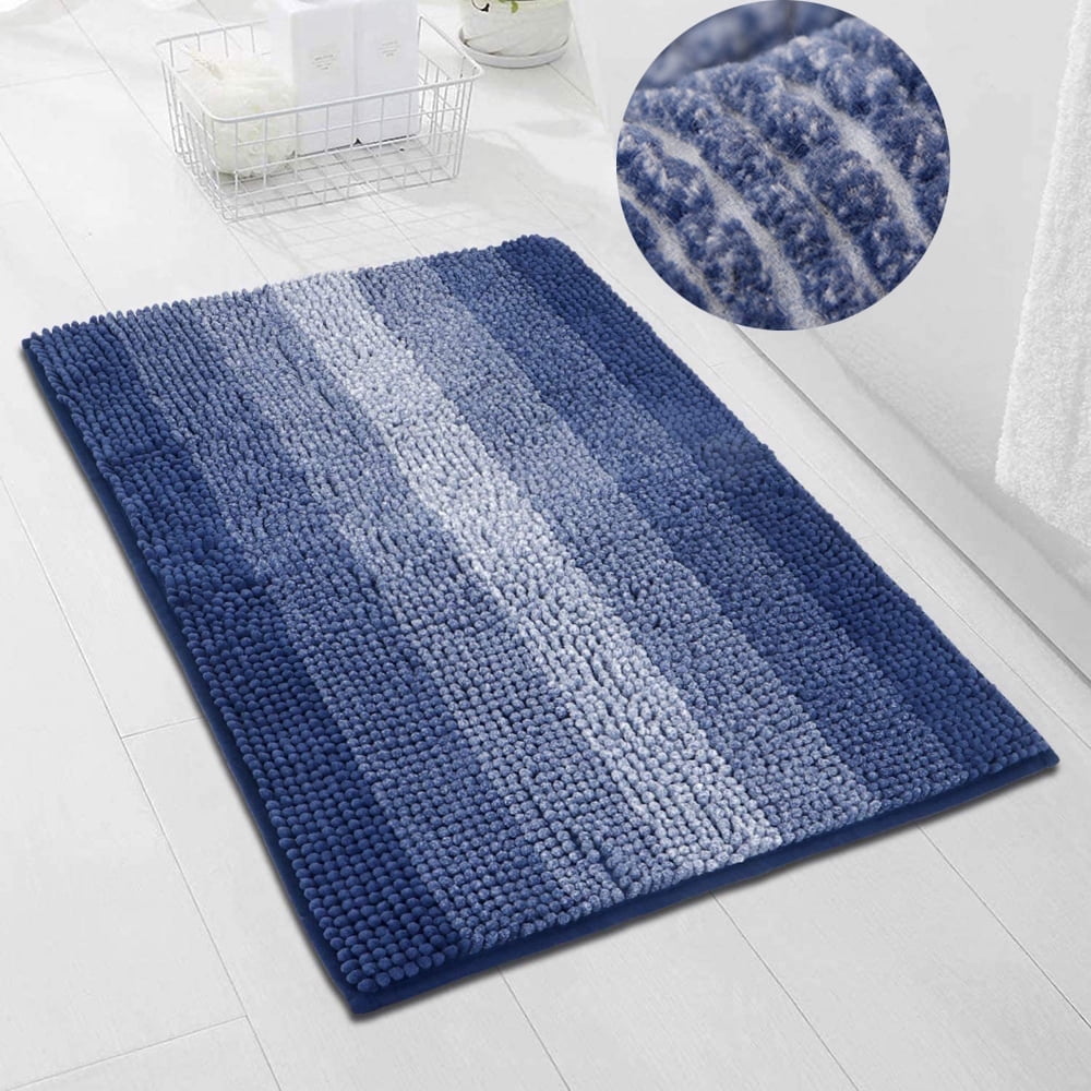 FUDAKUNA 19.6" x 31.5" Bathroom Rugs Blue Stripes Fluffy Chenille Anti-slip Absorbent Bath Mats Machine Washable