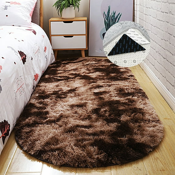 FUDAKUNA Fluffy Area Rug Oval 31" x 63" Gradient Brown Soft Fuzzy Shaggy Plush Carpet Water Absorbent Non Slip Backing Floor Mats