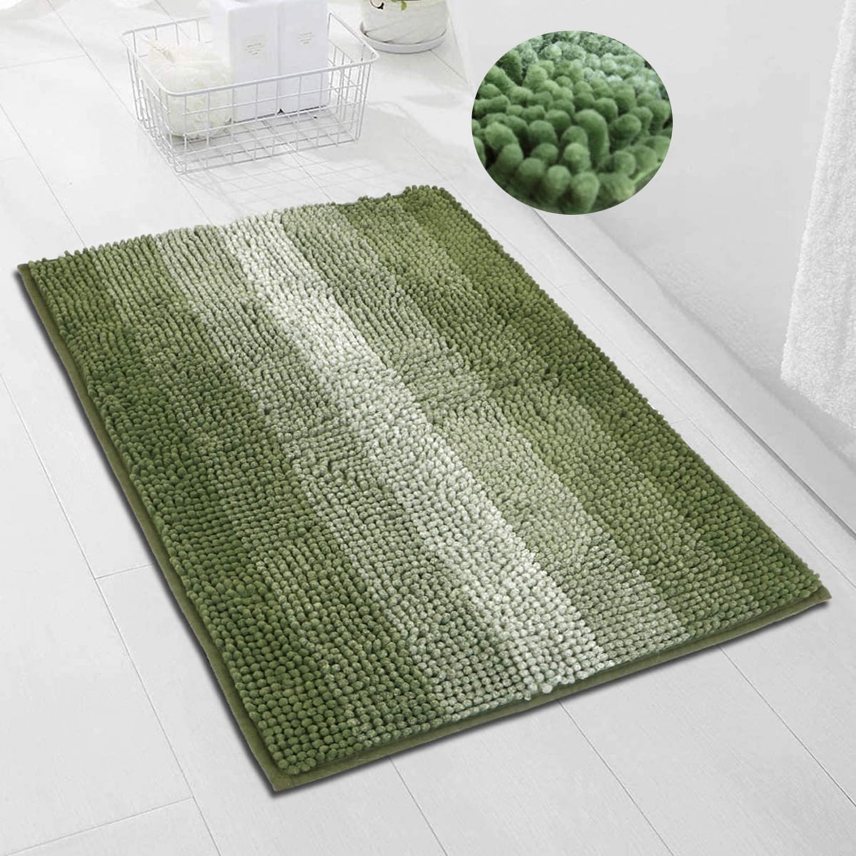 FUDAKUNA Fluffy Chenille Bathroom Rugs Anti-slip Absorbent  19.6" x 31.5" Green Stripes Decor Bath Mat Machine Washable