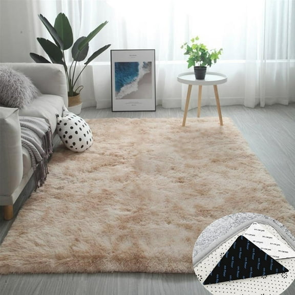 FUDAKUNA Fluffy Shaggy Area Rug Rectangular 48"x63" Gradient Beige Brown Fuzzy Floor Mats Non-Slip Backing Soft Plush Carpet
