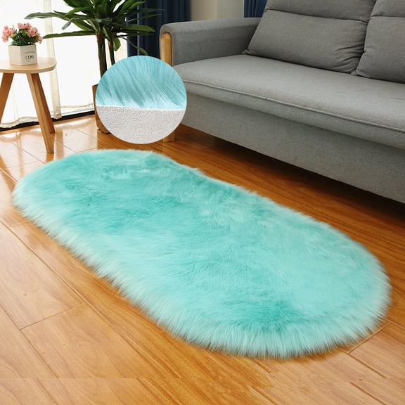 FUDAKUNA Light Blue Plush Area Rugs Oval 20" x 40" Soft Faux Fur Sheepskin Shaggy Pad for Bedroom Living Room Nursery Machine Washable Shag Mats