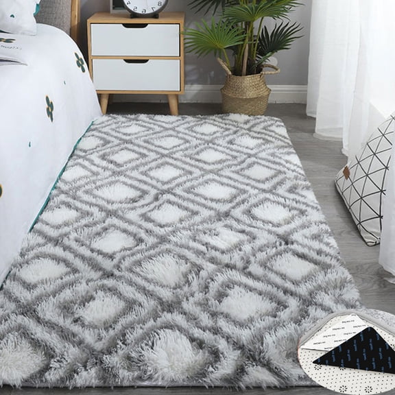 FUDAKUNA Modern Fluffy Area Rugs 39" x 63" Soft Shaggy Gray White Geometric Pattern Carpet for Living Room Bedroom Floor Mat