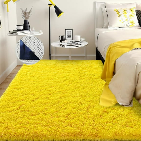FUDAKUNA Modern Shaggy Area Rugs 47" x 78" Soft and Comfortable Yellow Plush Fluffy Carpet for Living Room Bedroom