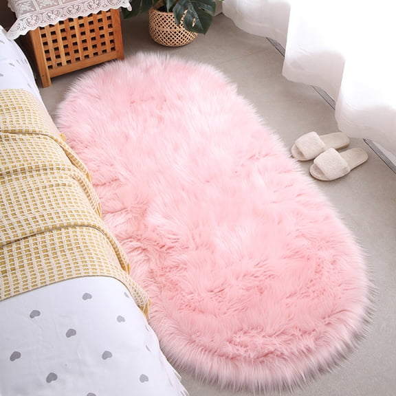 FUDAKUNA Pink Oval Area Rugs 24"x48" Soft Comfortable Faux Fur Sheepskin Shaggy Carpet for Bedroom Living Room Nursery