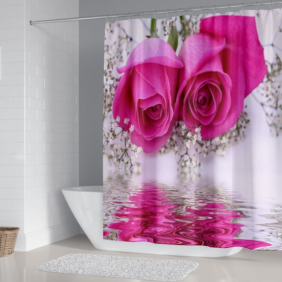 FUDAKUNA Pink Rose Floral Shower Curtain Waterproof Polyester, 59 x 79 Inch with 16 White Hooks, Bathroom Curtains Machine Washable
