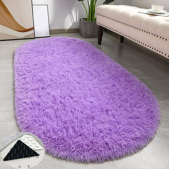 FUDAKUNA Purple Fluffy Area Rug Oval 32" x 63" Soft Shaggy Fuzzy Plush Absorbent Non Slip Backing Bedroom Carpet